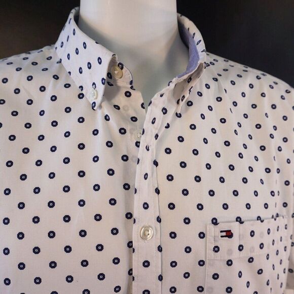 Tommy Hilfiger Mens XXL Shirt White Blue Abstract Print Slim Fit Short Sleeve - Picture 1 of 9